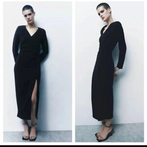 NWOT ZARA RUCHED WAIST MIDI BLACK DRESS LONG SLEEVES V NECK SIZE XS